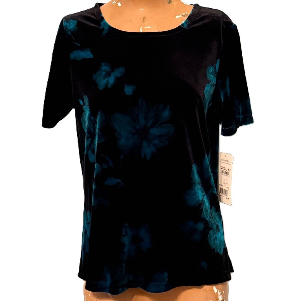 Elementz NWT Womens Medium Black Stretch Velvet Floral Holiday Shirt Top Y2K
